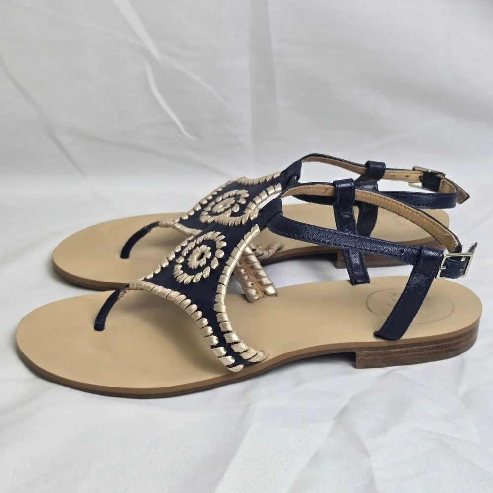 Jack Rogers Maci Slingback Sandals Navy Blue Beige Whipstitching Coastal 6.5M